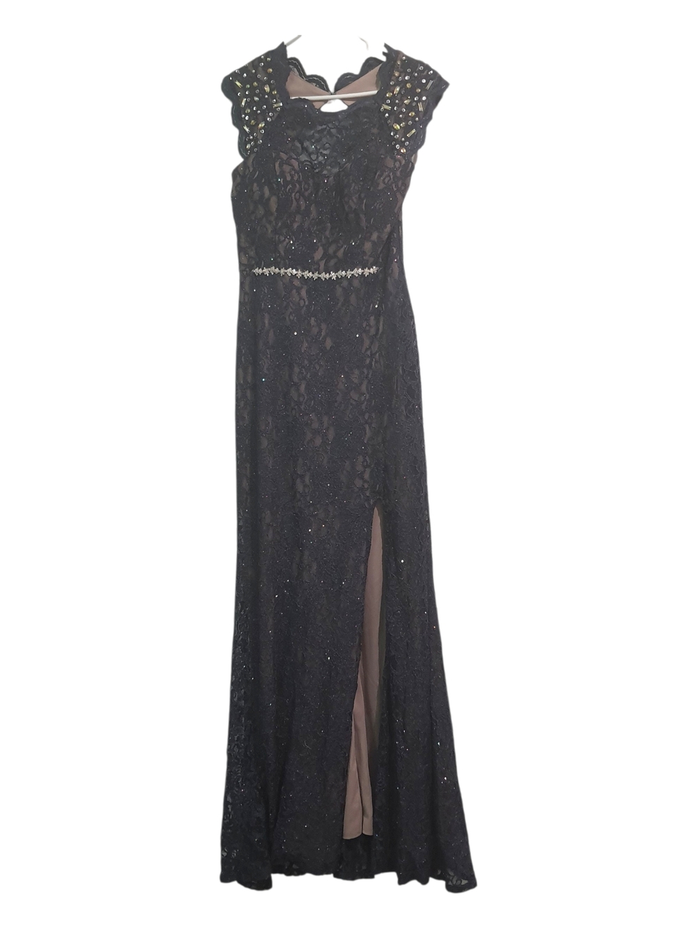 City Triangles Navy Blue Lace Open-Back Maxi Dress with Bedazzled Waist Ornament